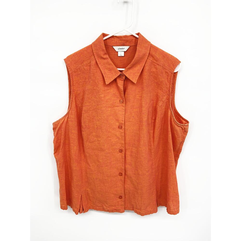 CJ Banks Orange Linen Cotton Button Down Sleeveless Shirt  Size 2X